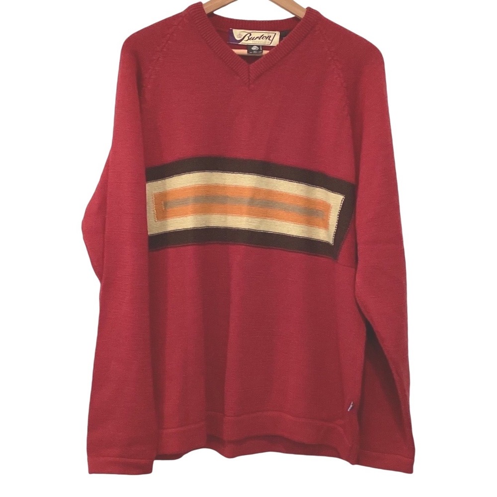 Burton Snowboards Vintage V-Neck Sweater 100% Wool Striped Retro - Medium